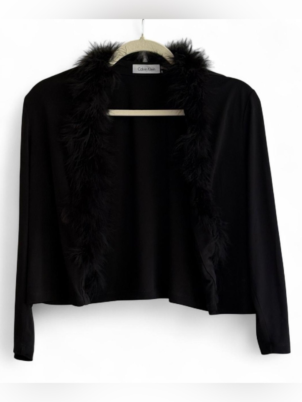 Calvin Klein Black Feather Trimmed Collar Open Crop Cardigan Size M